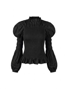 Nary Resort Rohnea Linen Shirring Turtleneck Top Black Large